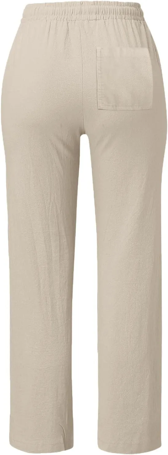 Women Linen Summer Lightweigt Palazzo Pants Elastic Waist Ankle Length Loose Fit Palazzo Pants Business Work