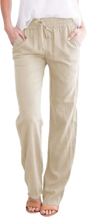 Women Linen Summer Lightweigt Palazzo Pants Elastic Waist Ankle Length Loose Fit Palazzo Pants Business Work