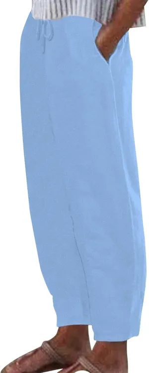 Women Linen Vacation Outfits 2025 Going Out Pants with Pockets Cropped Lightweight Casual Spring Loose Jogger Solid Sweatpant