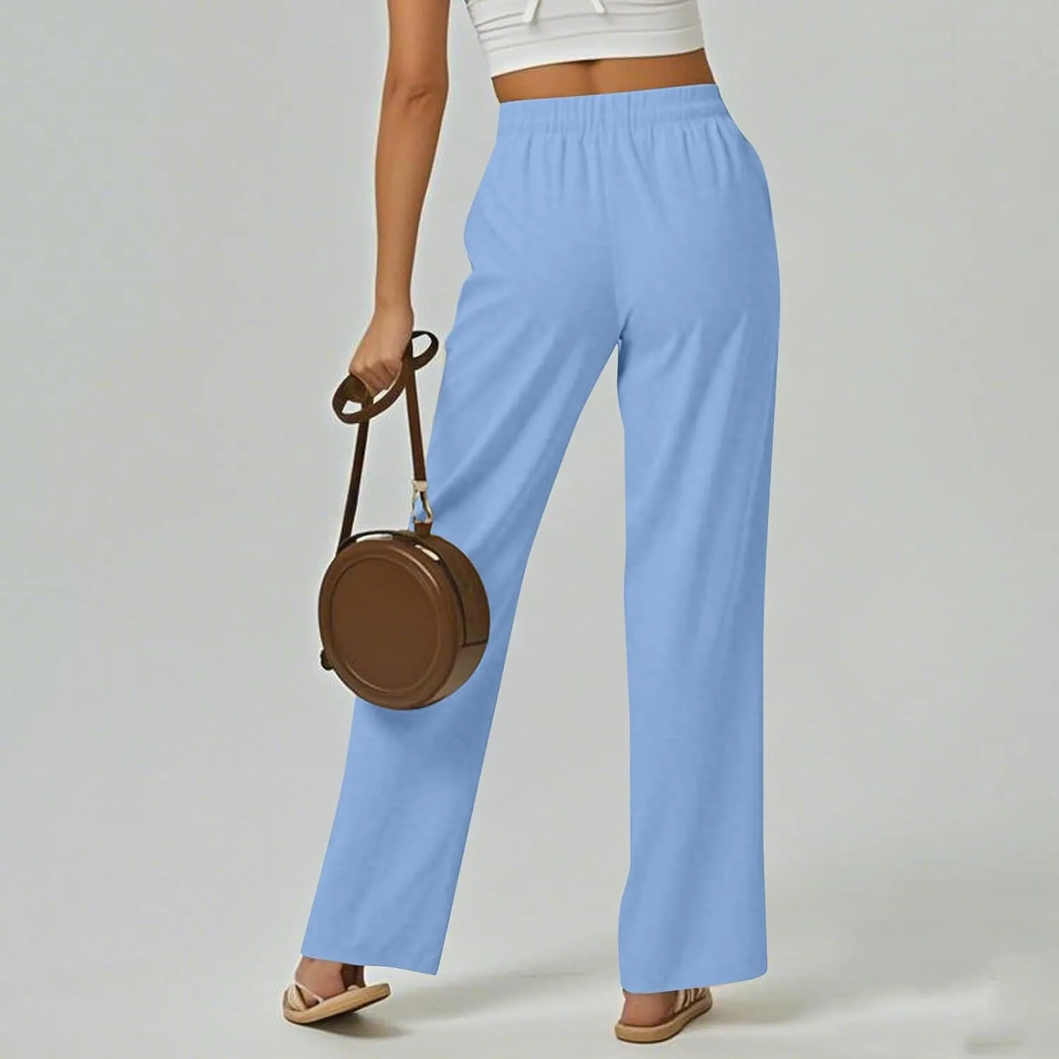 Women Linen Vacation Outfits 2025 Going Out Pants with Pockets Cropped Lightweight Casual Spring Loose Jogger Solid Sweatpant