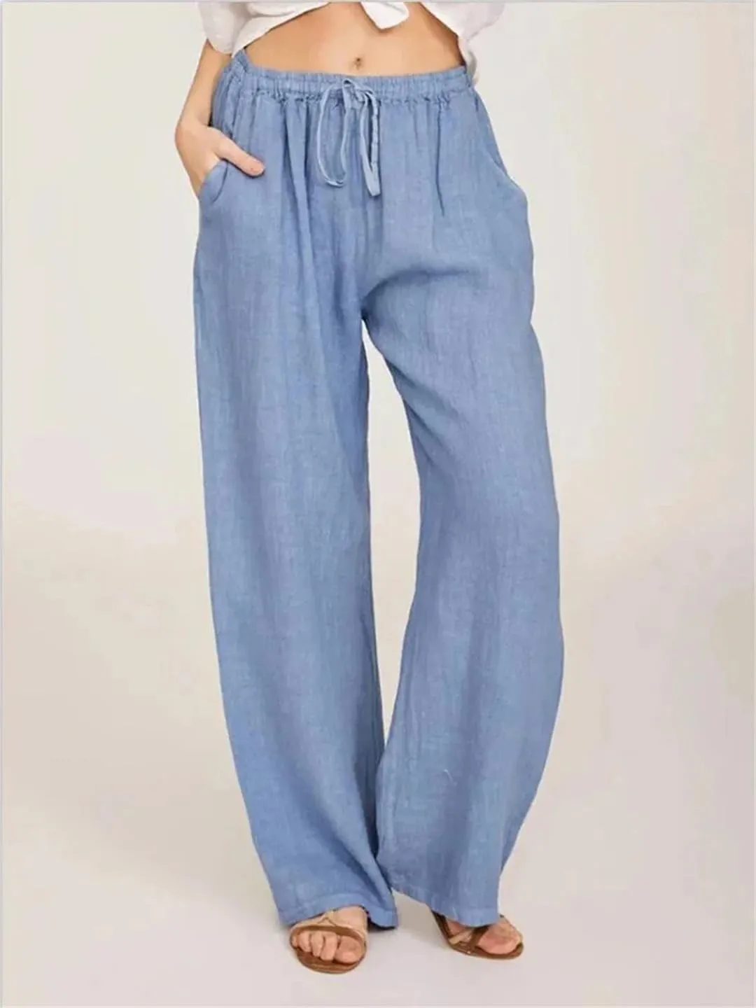 Women Loose Solid Color High Elastic Waist Pocket Pants Drawstring Full Length Wide Leg Straight Trousers