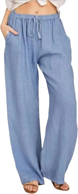 Women Loose Solid Color High Elastic Waist Pocket Pants Drawstring Full Length Wide Leg Straight Trousers