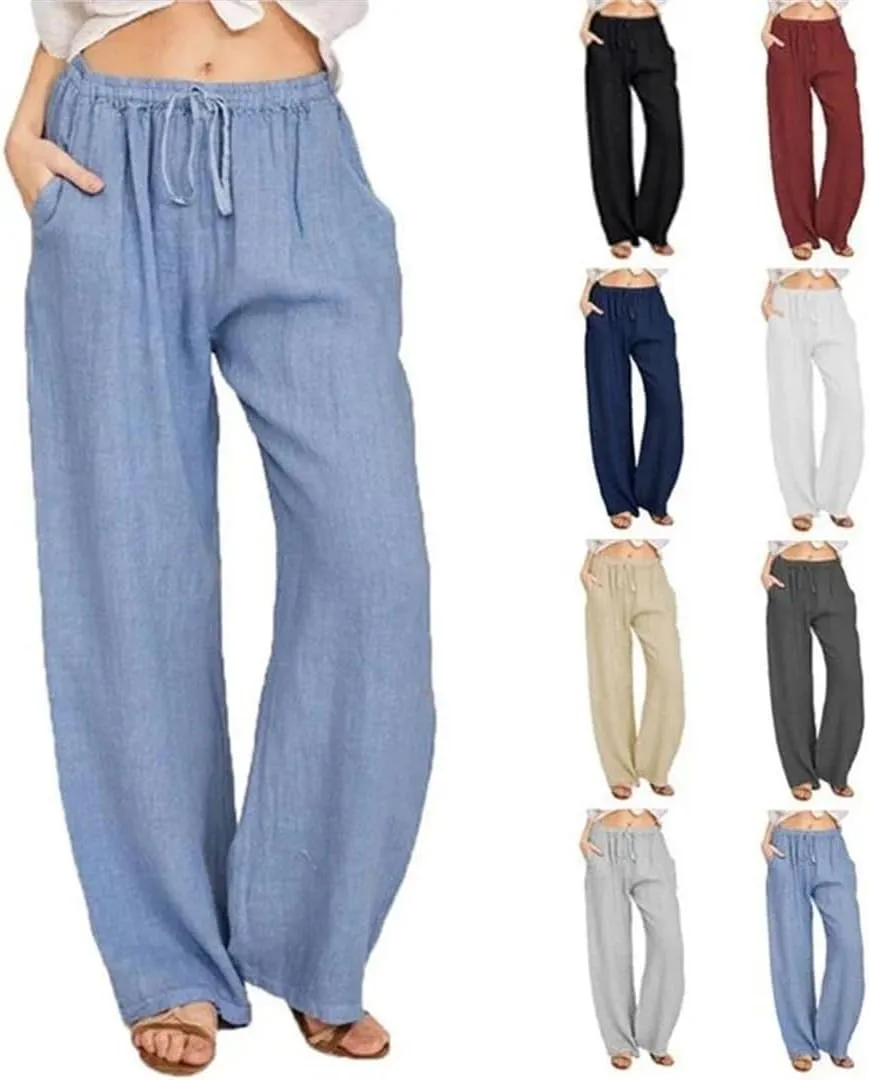 Women Loose Solid Color High Elastic Waist Pocket Pants Drawstring Full Length Wide Leg Straight Trousers
