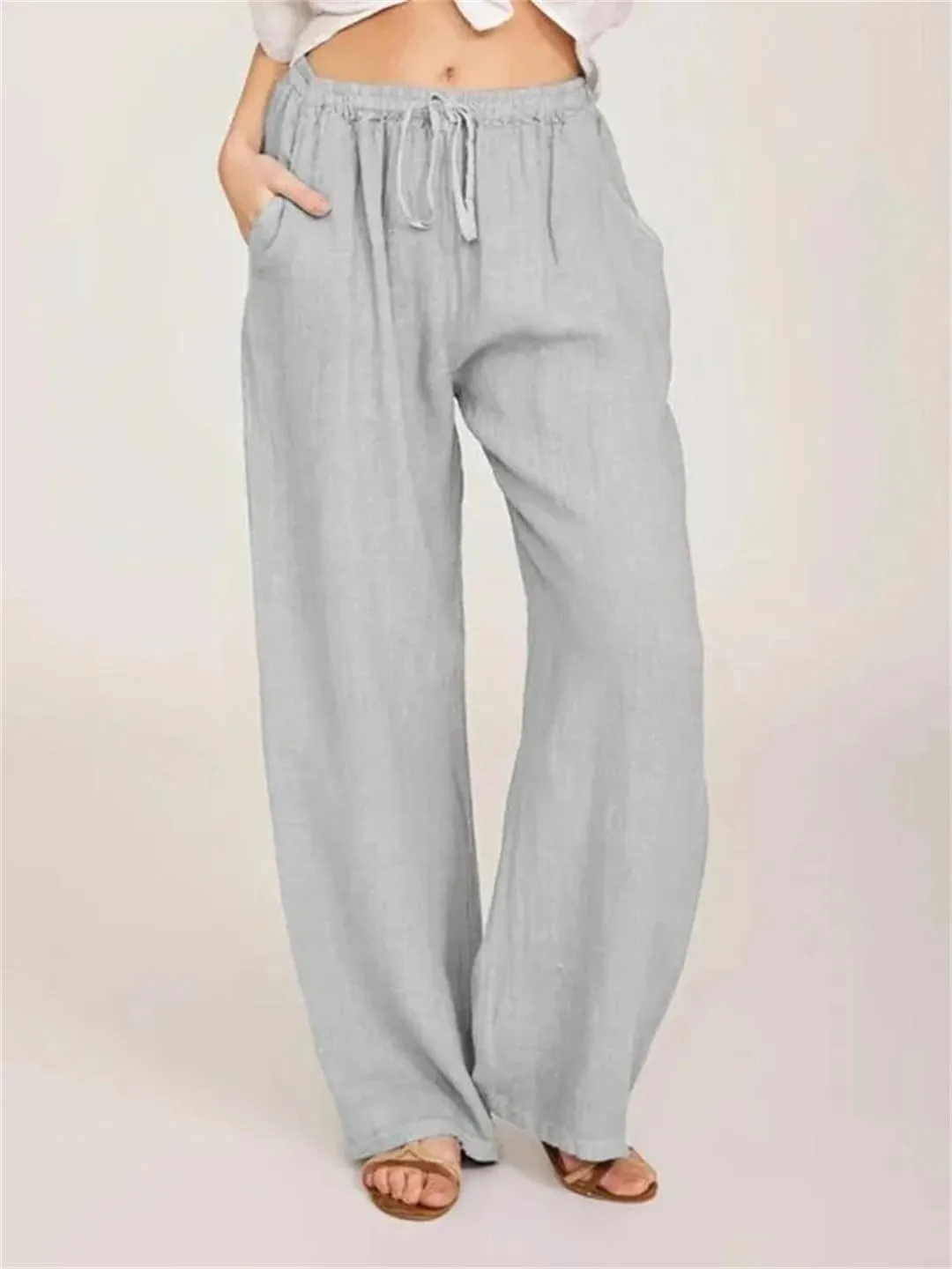 Women Loose Solid Color High Elastic Waist Pocket Pants Drawstring Full Length Wide Leg Straight Trousers