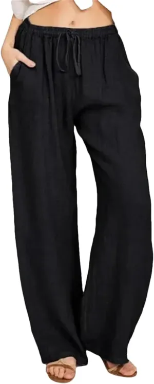 Women Loose Solid Color High Elastic Waist Pocket Pants Drawstring Full Length Wide Leg Straight Trousers