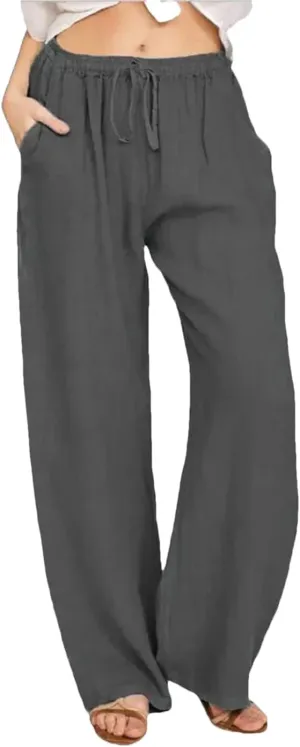 Women Loose Solid Color High Elastic Waist Pocket Pants Drawstring Full Length Wide Leg Straight Trousers