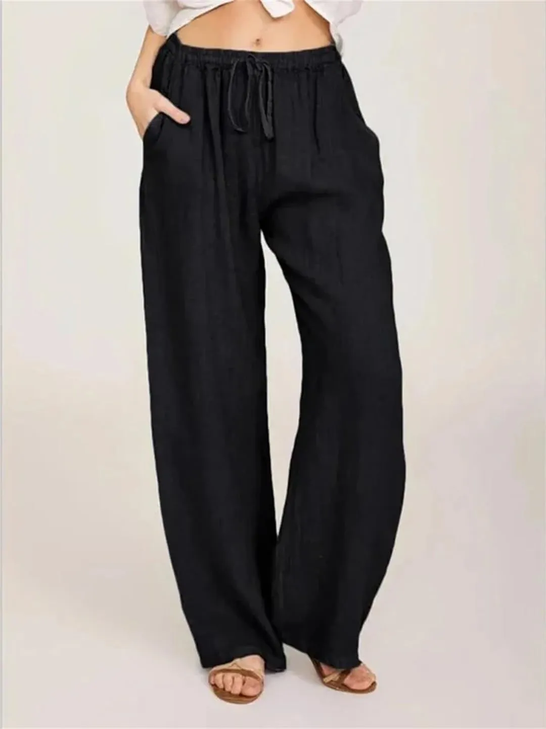 Women Loose Solid Color High Elastic Waist Pocket Pants Drawstring Full Length Wide Leg Straight Trousers