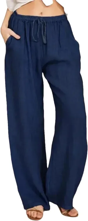 Women Loose Solid Color High Elastic Waist Pocket Pants Drawstring Full Length Wide Leg Straight Trousers