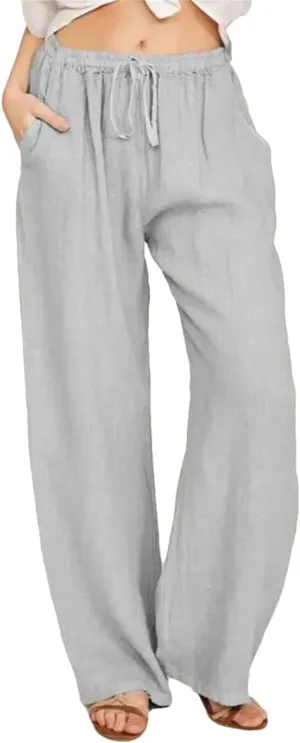 Women Loose Solid Color High Elastic Waist Pocket Pants Drawstring Full Length Wide Leg Straight Trousers