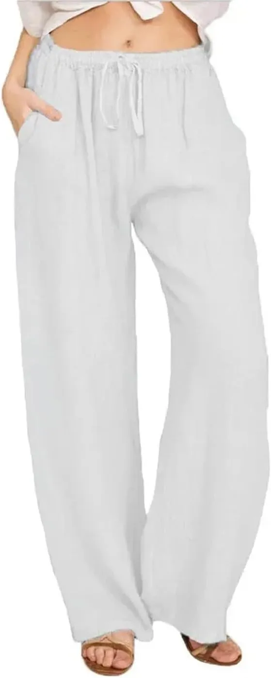 Women Loose Solid Color High Elastic Waist Pocket Pants Drawstring Full Length Wide Leg Straight Trousers