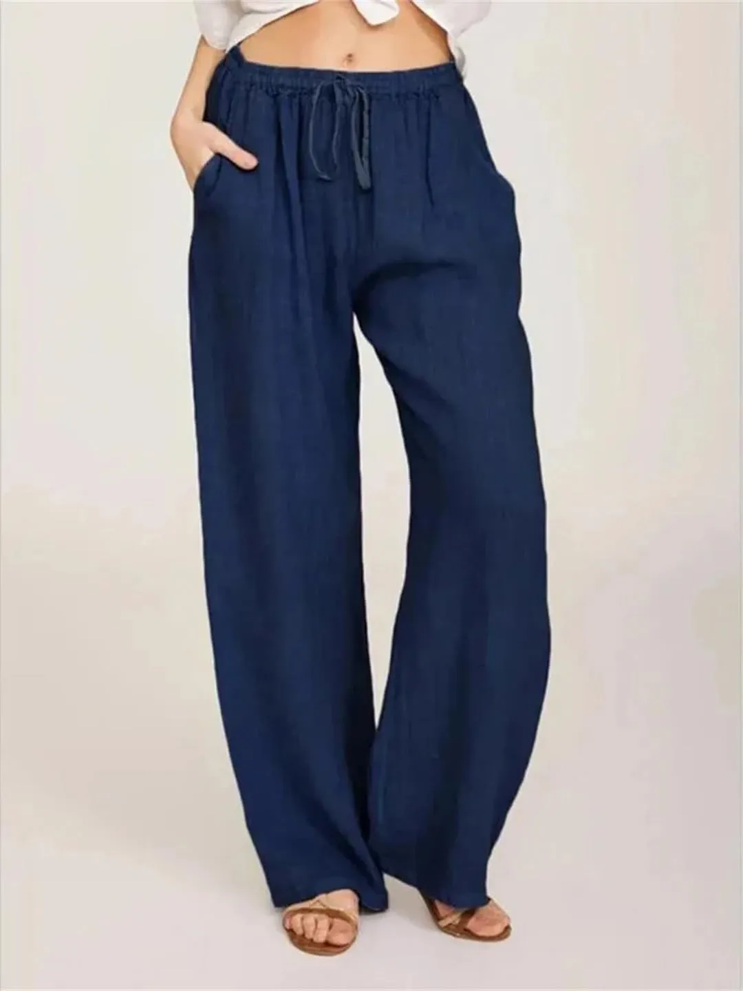 Women Loose Solid Color High Elastic Waist Pocket Pants Drawstring Full Length Wide Leg Straight Trousers