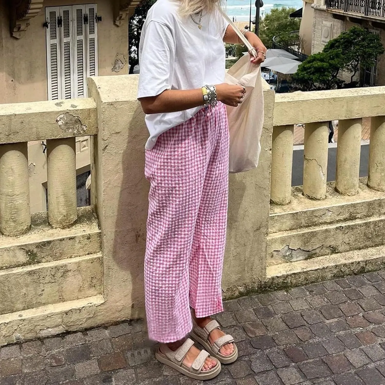 Women Plaid Straight Leg Trousers High Waist Long Pants