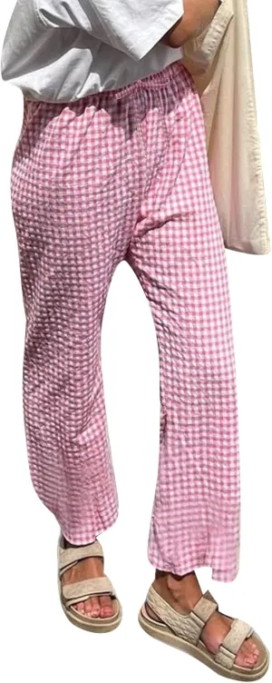 Women Plaid Straight Leg Trousers High Waist Long Pants