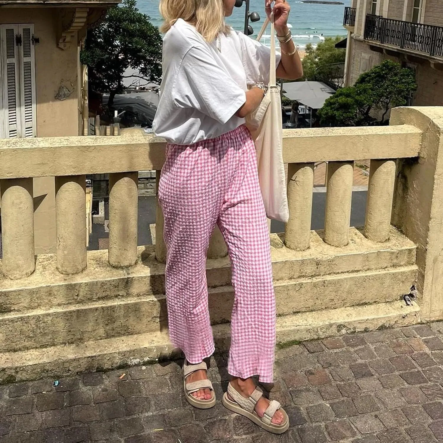 Women Plaid Straight Leg Trousers High Waist Long Pants