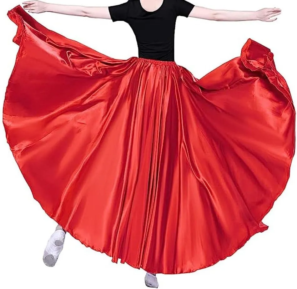 Women Satin Long Skirts Solid Color Elegant Dance Skirt Long Swing Skirt for Ballroom Dance Performance Costume Dress