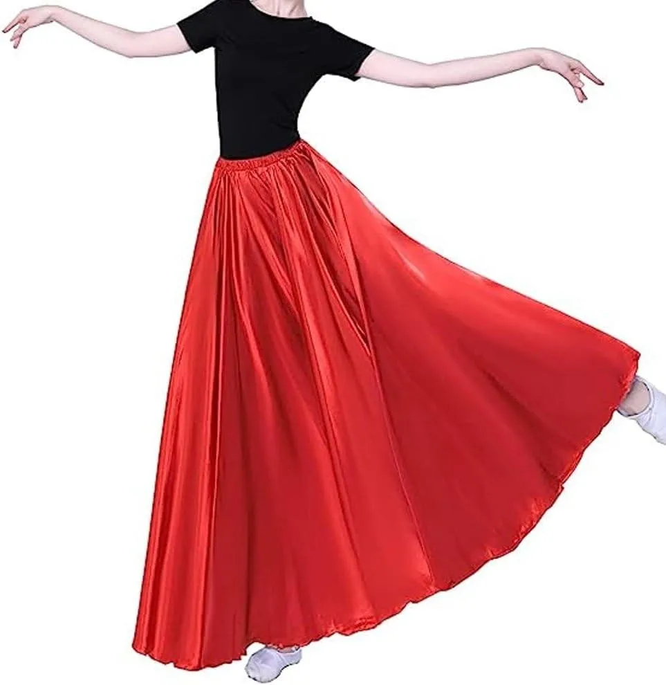 Women Satin Long Skirts Solid Color Elegant Dance Skirt Long Swing Skirt for Ballroom Dance Performance Costume Dress