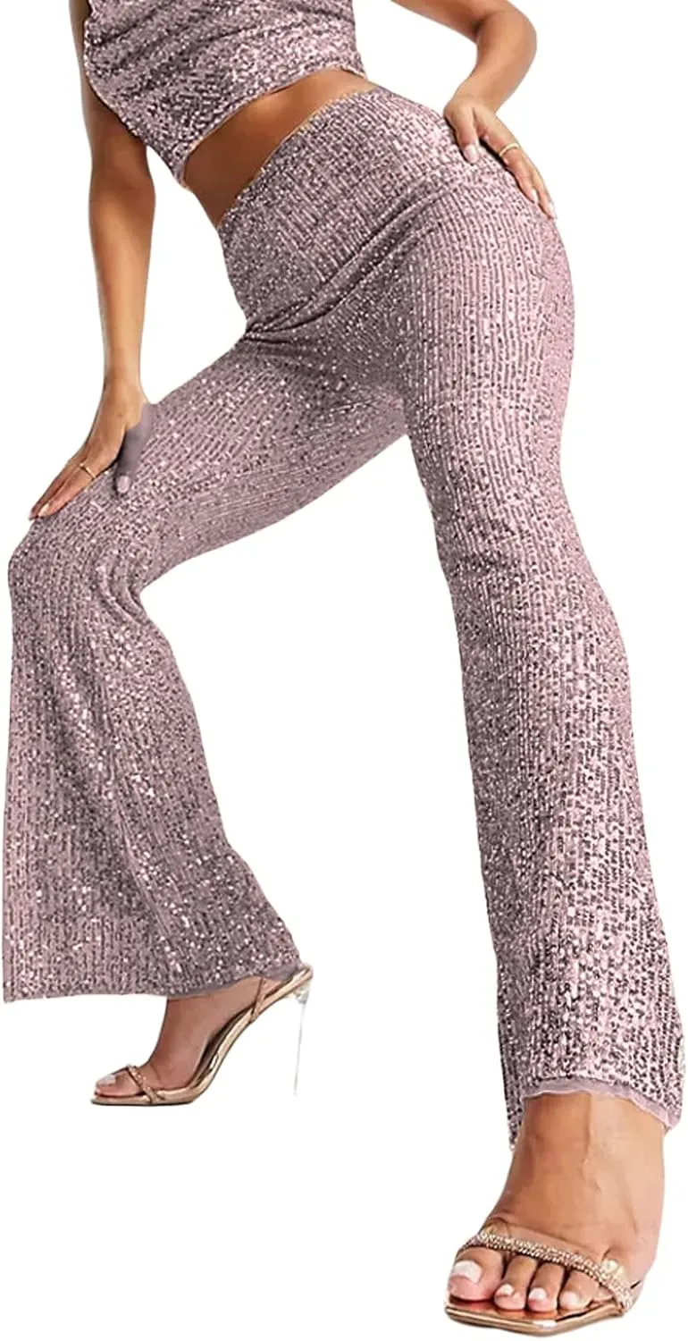 Women Sequin Pants Sparkly Glitter High Waist Shiny Bottoms Casual Fashion Club Party Trousers Holiday Outfits
