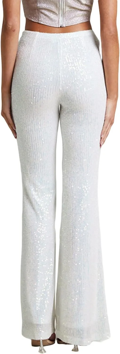 Women Sequin Pants Sparkly Glitter High Waist Shiny Bottoms Casual Fashion Club Party Trousers Holiday Outfits