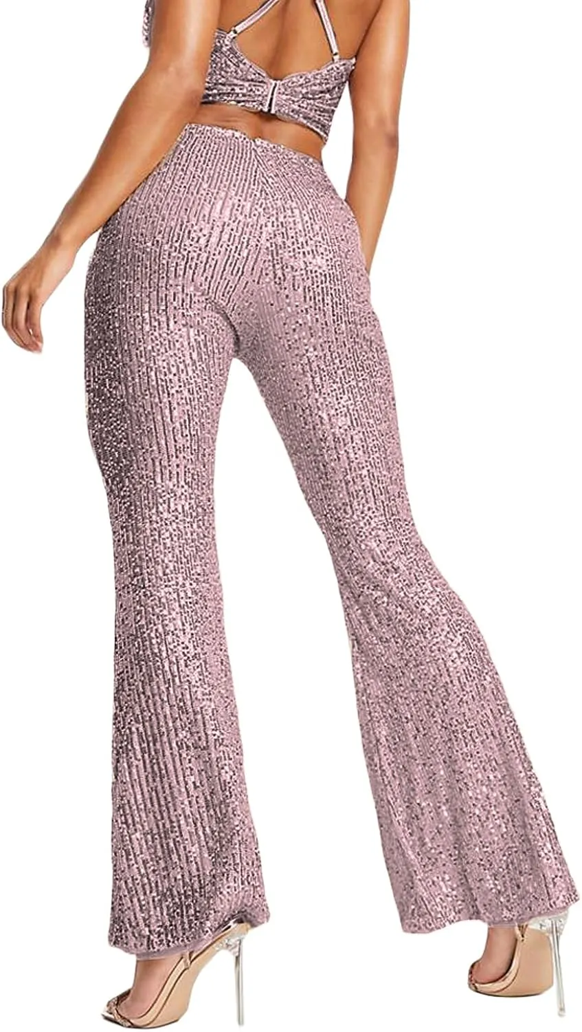 Women Sequin Pants Sparkly Glitter High Waist Shiny Bottoms Casual Fashion Club Party Trousers Holiday Outfits