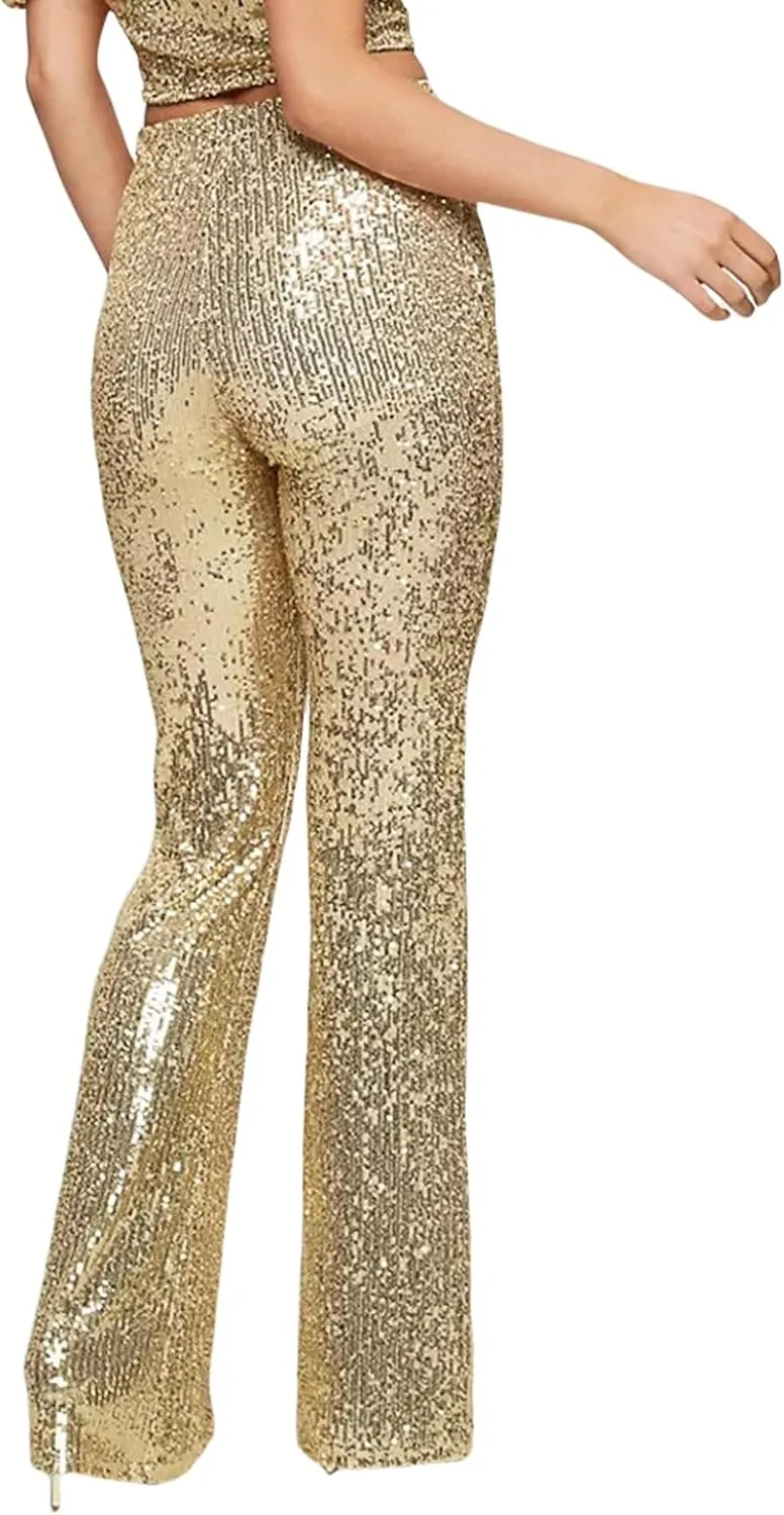 Women Sequin Pants Sparkly Glitter High Waist Shiny Bottoms Casual Fashion Club Party Trousers Holiday Outfits