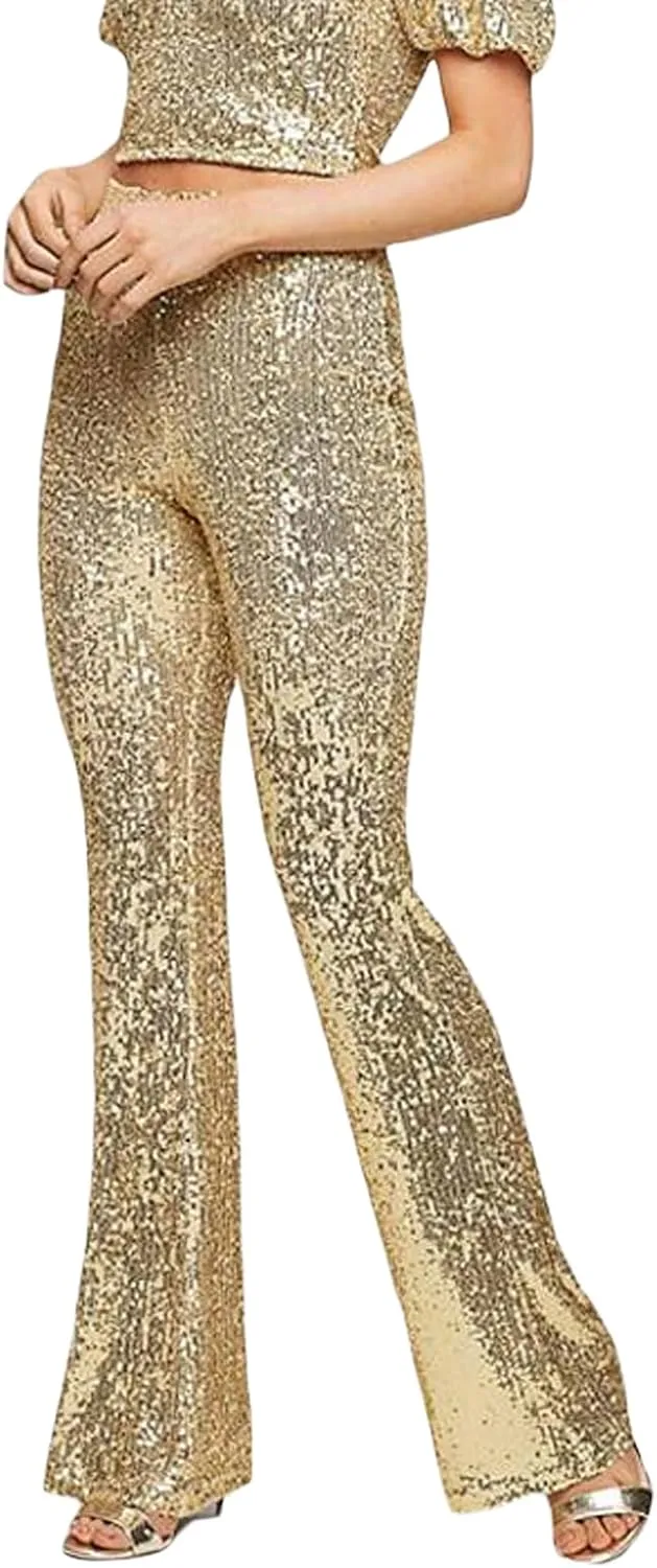 Women Sequin Pants Sparkly Glitter High Waist Shiny Bottoms Casual Fashion Club Party Trousers Holiday Outfits