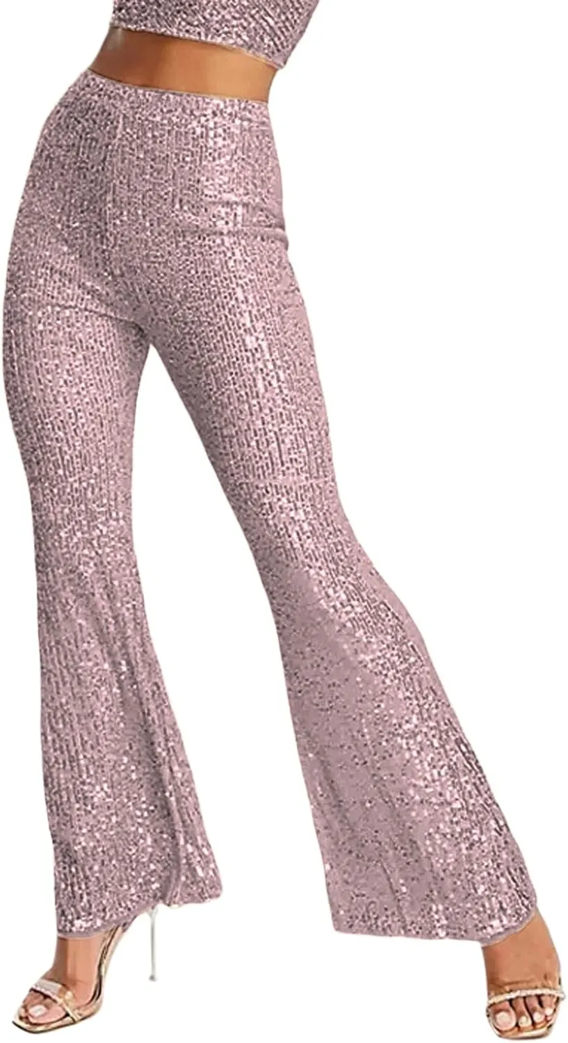 Women Sequin Pants Sparkly Glitter High Waist Shiny Bottoms Casual Fashion Club Party Trousers Holiday Outfits