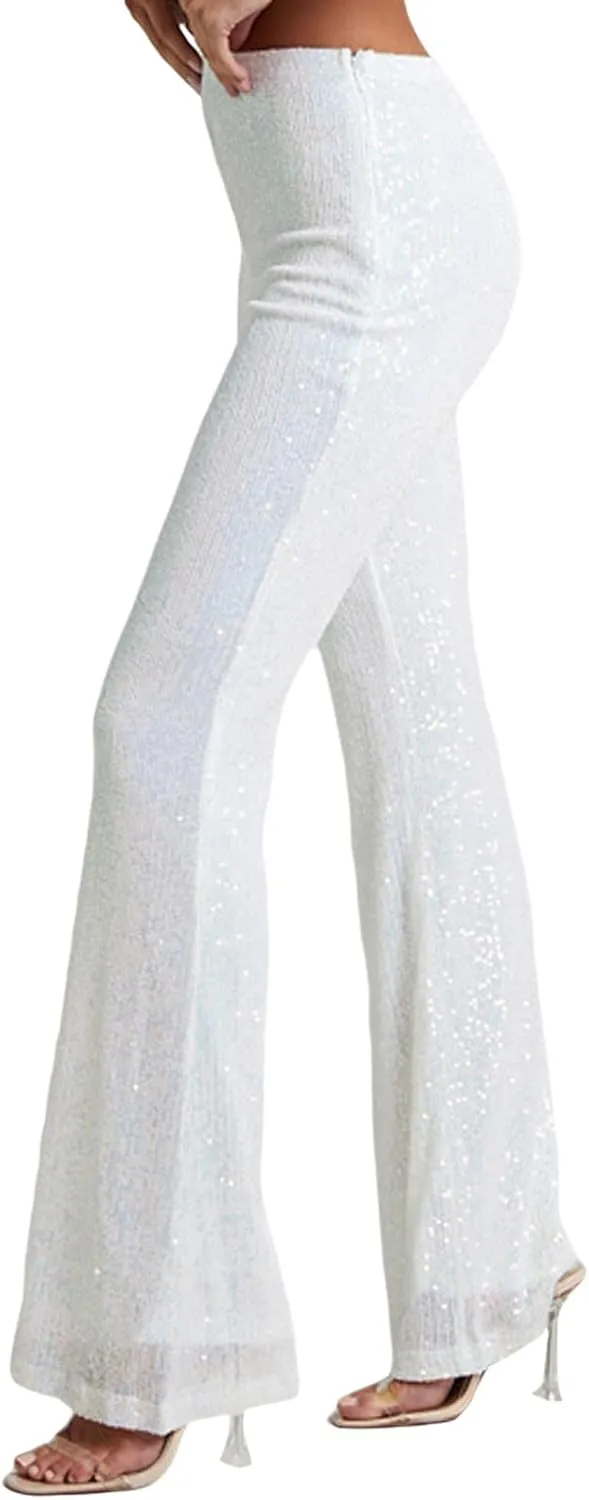 Women Sequin Pants Sparkly Glitter High Waist Shiny Bottoms Casual Fashion Club Party Trousers Holiday Outfits