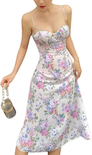 Women Sexy Sleeveless Spaghetti Strap Split Satin Dress Tie Dye Backless Midi Dresses Y2K Bodycon Club Party Sundress