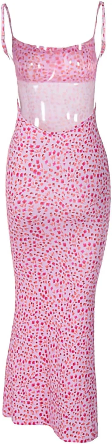 Women Sexy Sleeveless Spaghetti Strap Split Satin Dress Tie Dye Backless Midi Dresses Y2K Bodycon Club Party Sundress