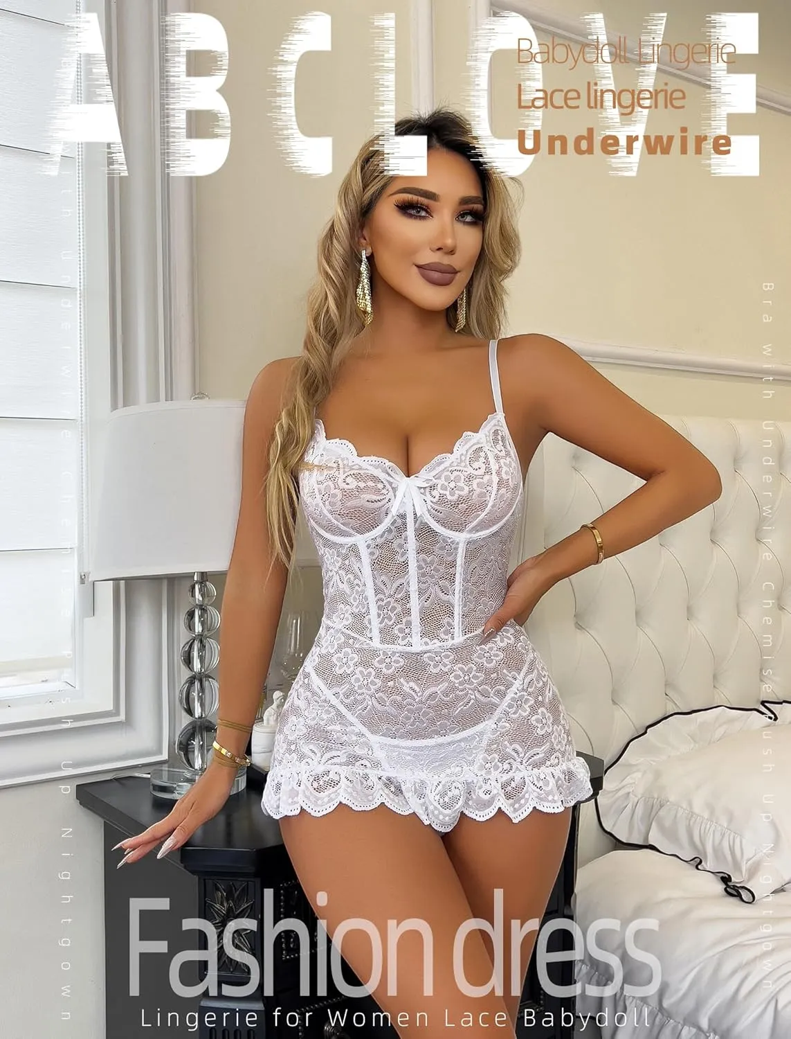 Women Sexy Underwire Mini Dress Lingerie Ruffle Floral Lace Babydoll Hip Hugging Push Up Chemise with Thong