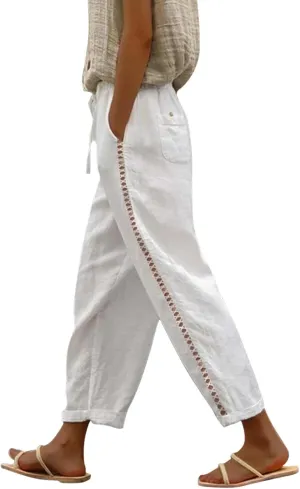 Women Solid Cotton Linen Straight Pants Drawstring Lightweight Elastic Pant Loose Trousers for Summer Outdoor Trip