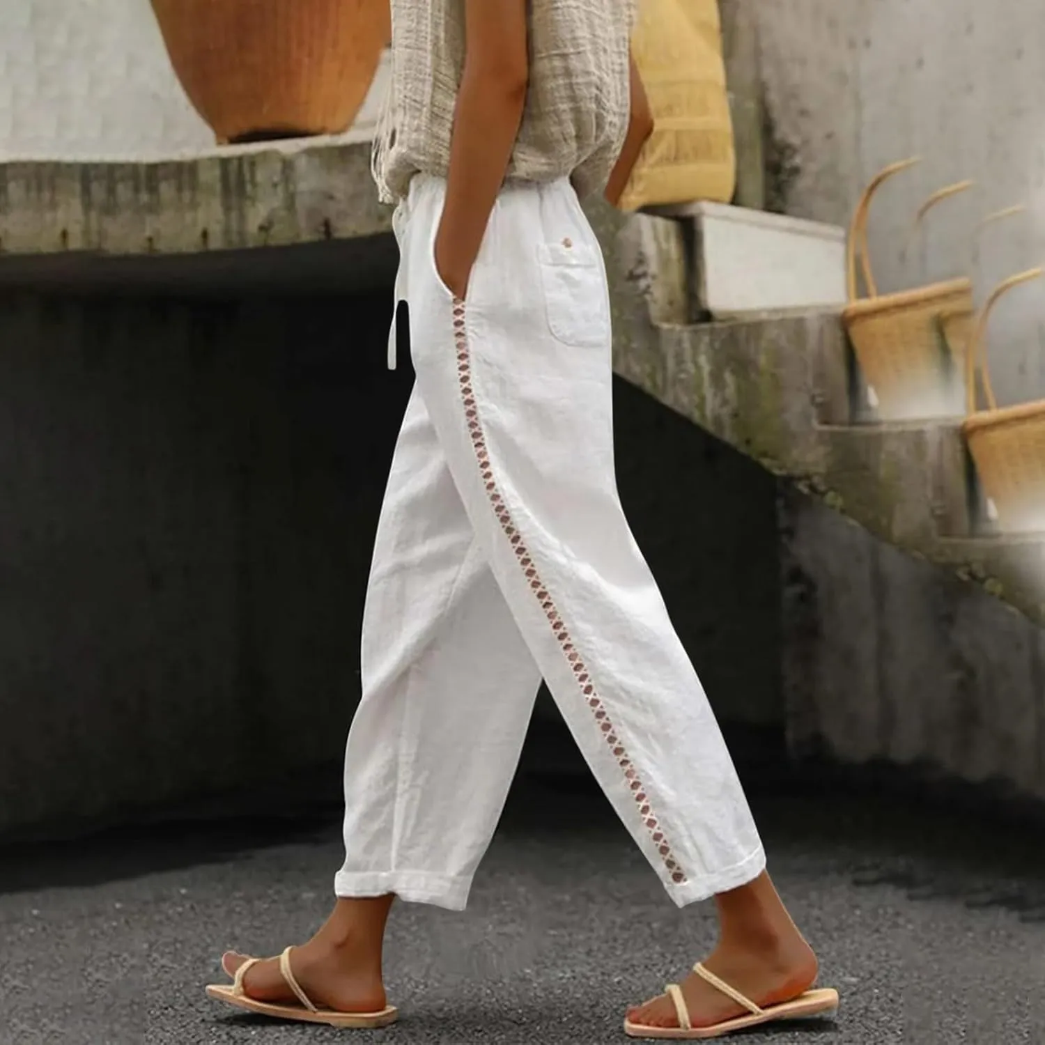 Women Solid Cotton Linen Straight Pants Drawstring Lightweight Elastic Pant Loose Trousers for Summer Outdoor Trip