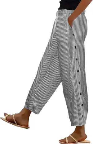 Women Stripe Cotton Linen Pants Straight Leg Side Button Multi-Pocket Fashion Trousers Street Hip Hop Y2K Casual Pant