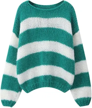 Women Striped Knit Sweaters 2024 Oversized Fall Winter Drop Shoulder Color Block Long Sleeve Loose Fit Pullover Tops