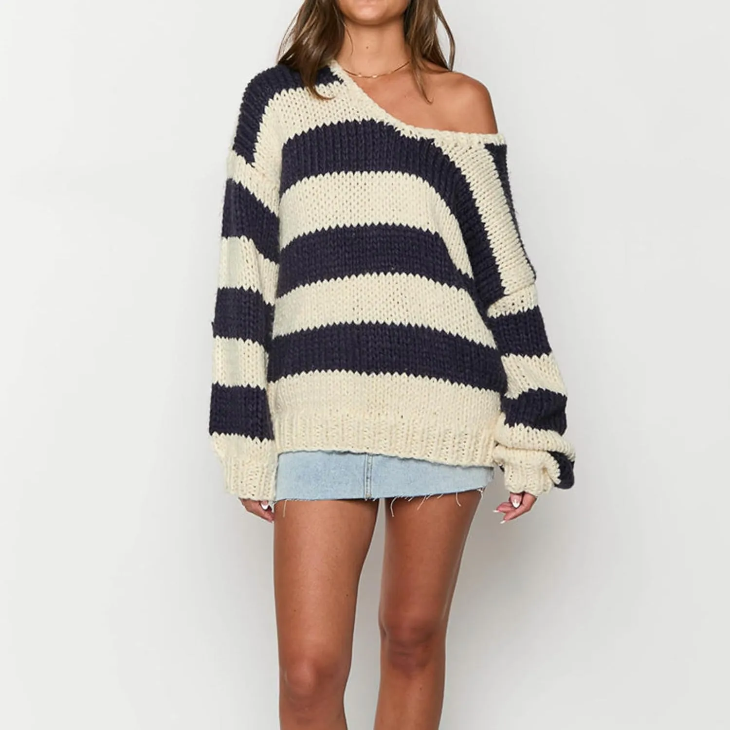Women Striped Knit Sweaters 2024 Oversized Fall Winter Drop Shoulder Color Block Long Sleeve Loose Fit Pullover Tops