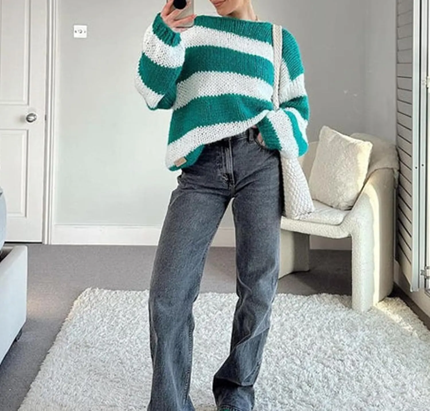 Women Striped Knit Sweaters 2024 Oversized Fall Winter Drop Shoulder Color Block Long Sleeve Loose Fit Pullover Tops