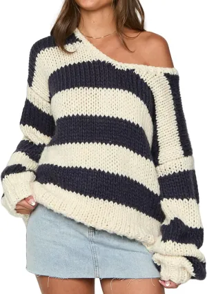 Women Striped Knit Sweaters 2024 Oversized Fall Winter Drop Shoulder Color Block Long Sleeve Loose Fit Pullover Tops