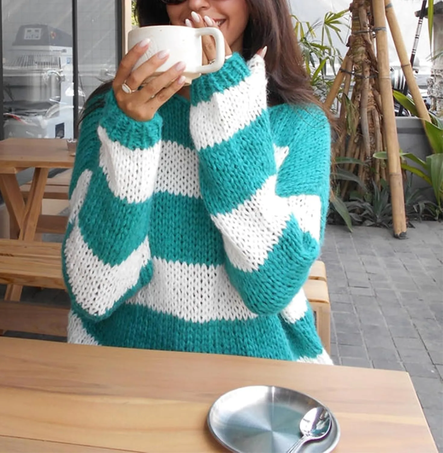 Women Striped Knit Sweaters 2024 Oversized Fall Winter Drop Shoulder Color Block Long Sleeve Loose Fit Pullover Tops