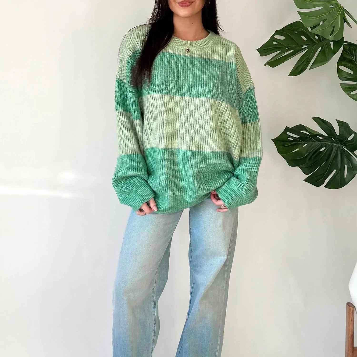 Women Striped Knit Sweaters 2024 Oversized Fall Winter Drop Shoulder Color Block Long Sleeve Loose Fit Pullover Tops