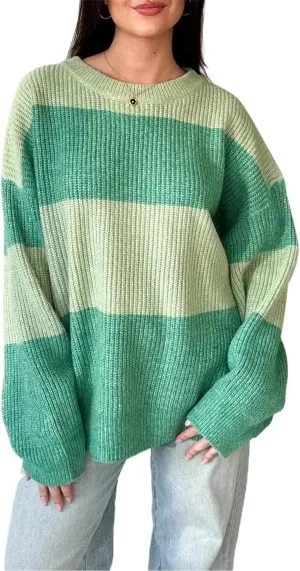 Women Striped Knit Sweaters 2024 Oversized Fall Winter Drop Shoulder Color Block Long Sleeve Loose Fit Pullover Tops