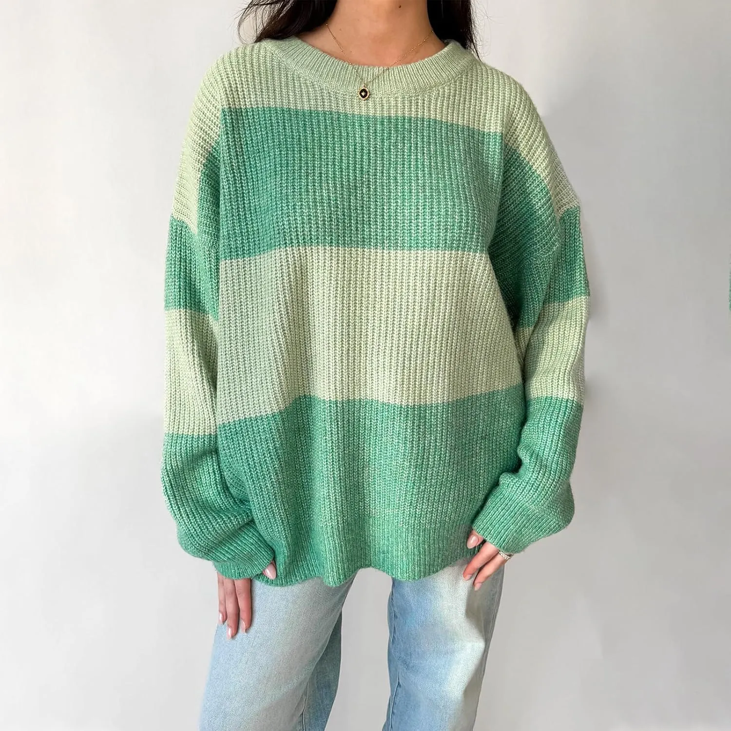 Women Striped Knit Sweaters 2024 Oversized Fall Winter Drop Shoulder Color Block Long Sleeve Loose Fit Pullover Tops