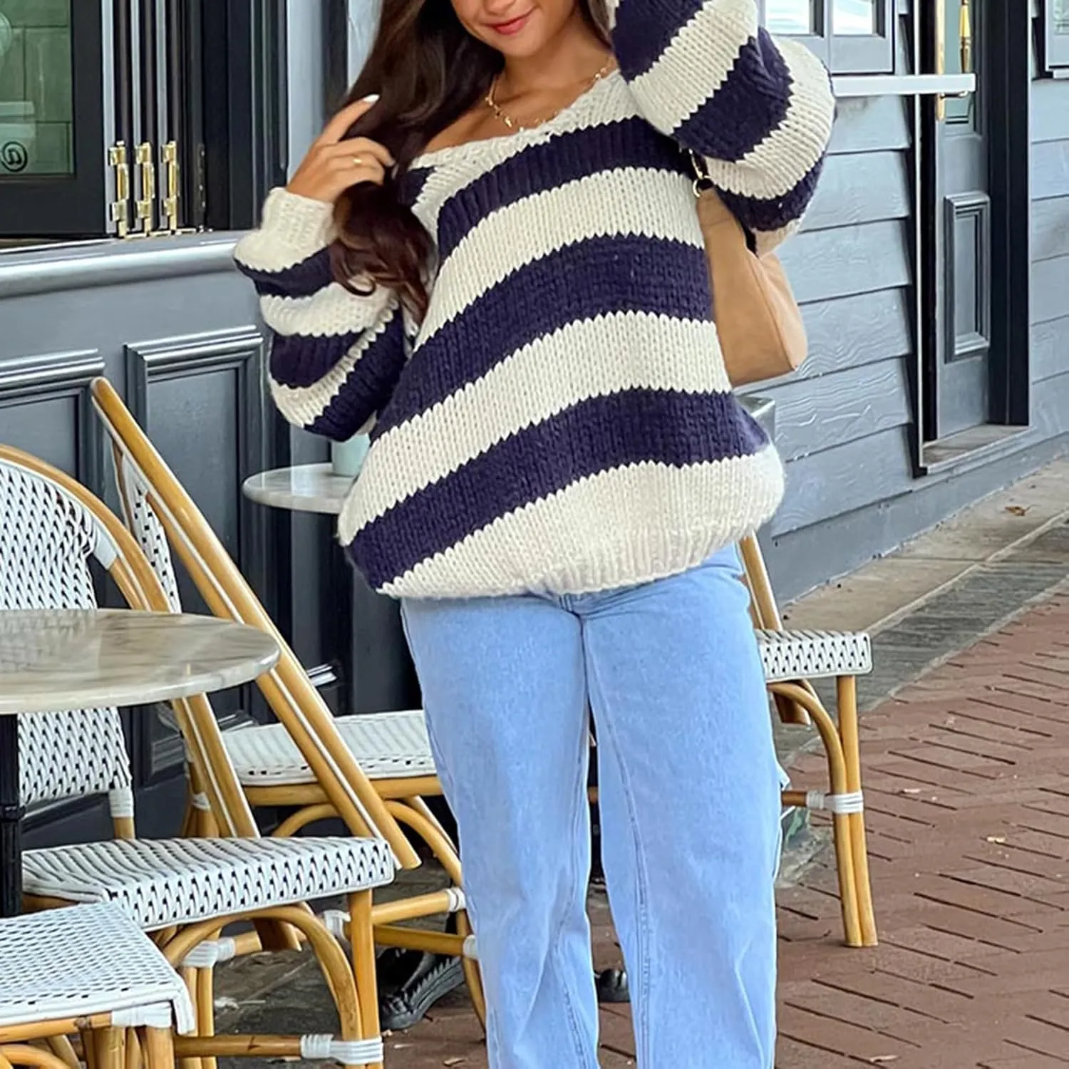 Women Striped Knit Sweaters 2024 Oversized Fall Winter Drop Shoulder Color Block Long Sleeve Loose Fit Pullover Tops