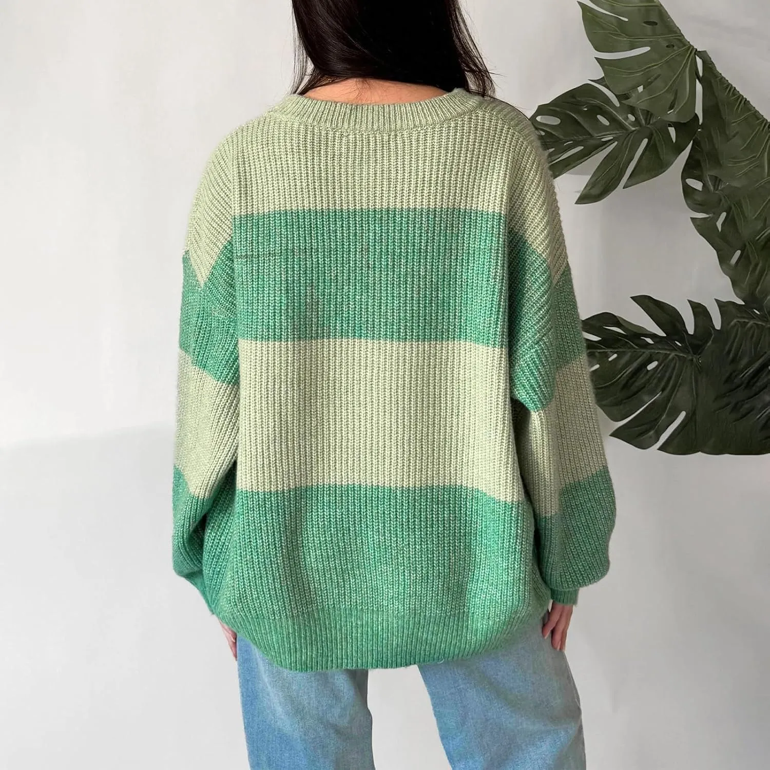 Women Striped Knit Sweaters 2024 Oversized Fall Winter Drop Shoulder Color Block Long Sleeve Loose Fit Pullover Tops