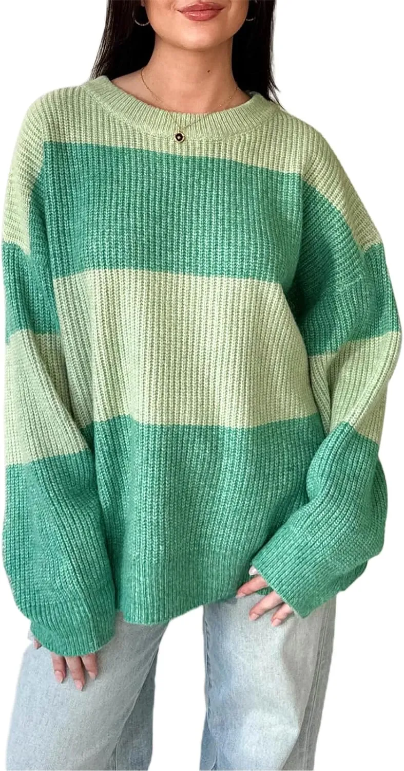 Women Striped Knit Sweaters 2024 Oversized Fall Winter Drop Shoulder Color Block Long Sleeve Loose Fit Pullover Tops