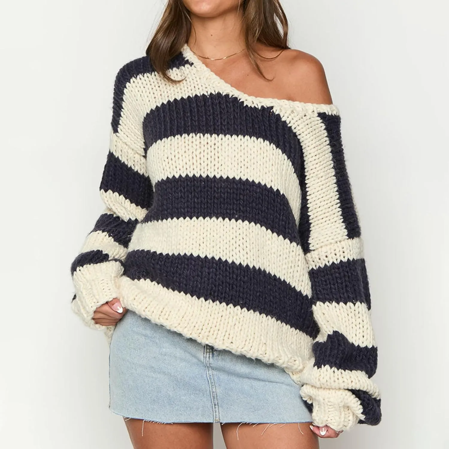 Women Striped Knit Sweaters 2024 Oversized Fall Winter Drop Shoulder Color Block Long Sleeve Loose Fit Pullover Tops