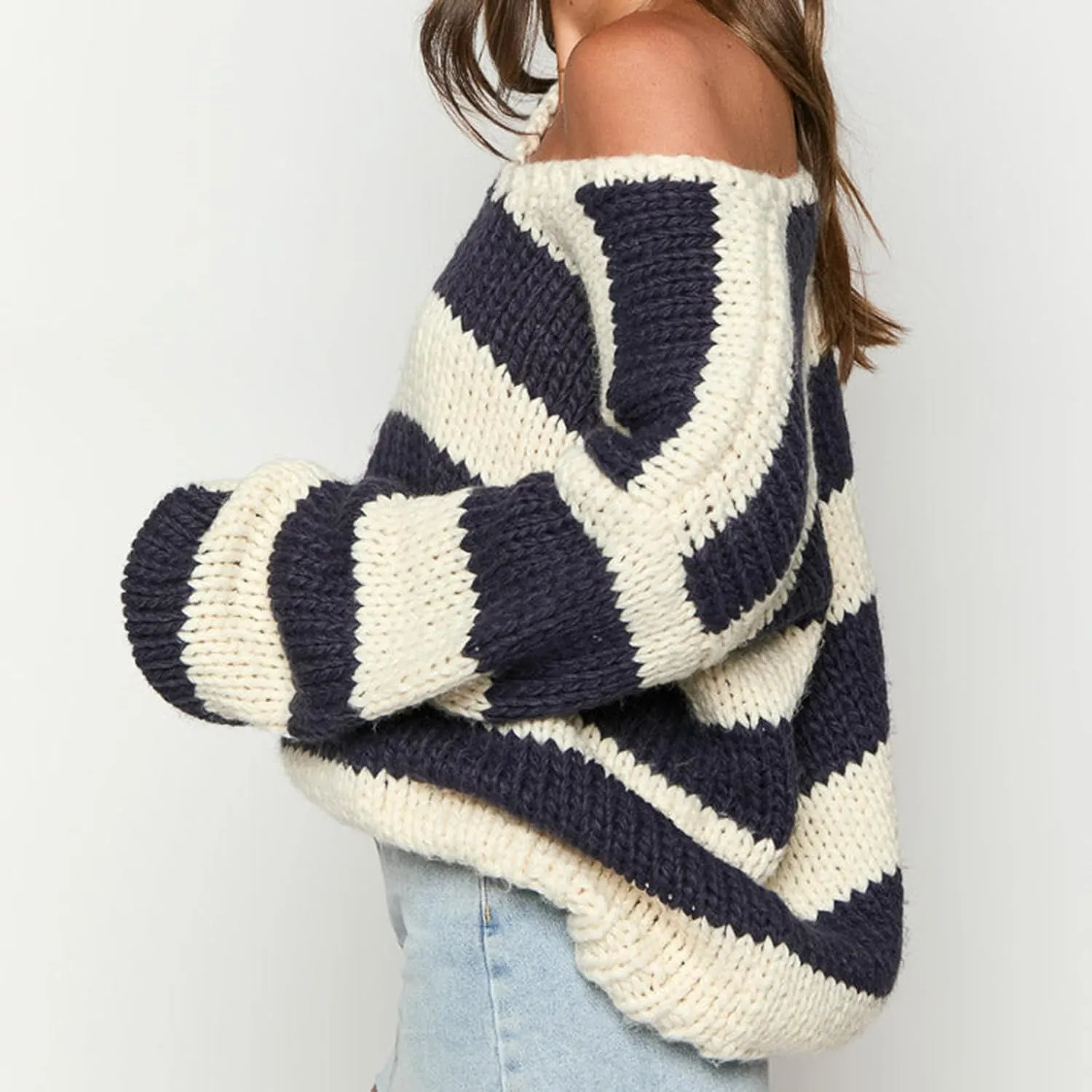 Women Striped Knit Sweaters 2024 Oversized Fall Winter Drop Shoulder Color Block Long Sleeve Loose Fit Pullover Tops