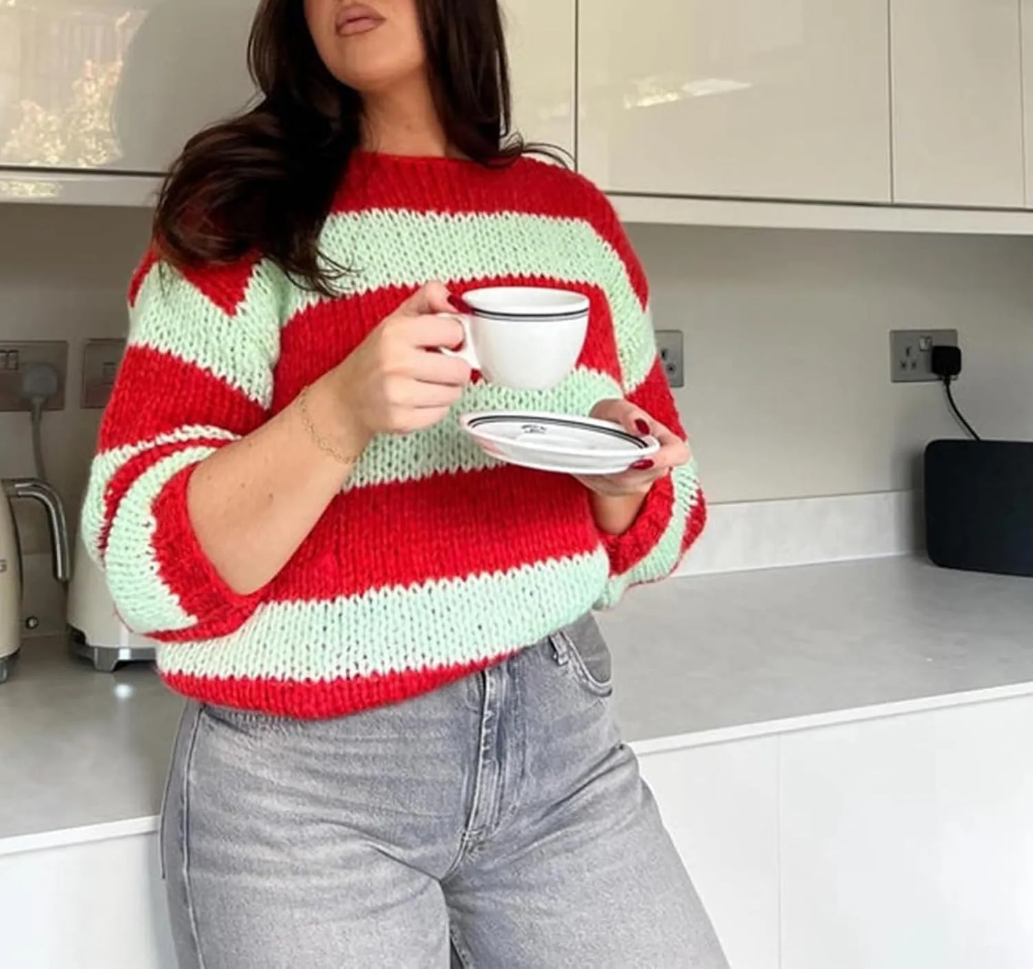 Women Striped Knit Sweaters 2024 Oversized Fall Winter Drop Shoulder Color Block Long Sleeve Loose Fit Pullover Tops