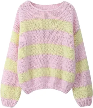 Women Striped Knit Sweaters 2024 Oversized Fall Winter Drop Shoulder Color Block Long Sleeve Loose Fit Pullover Tops