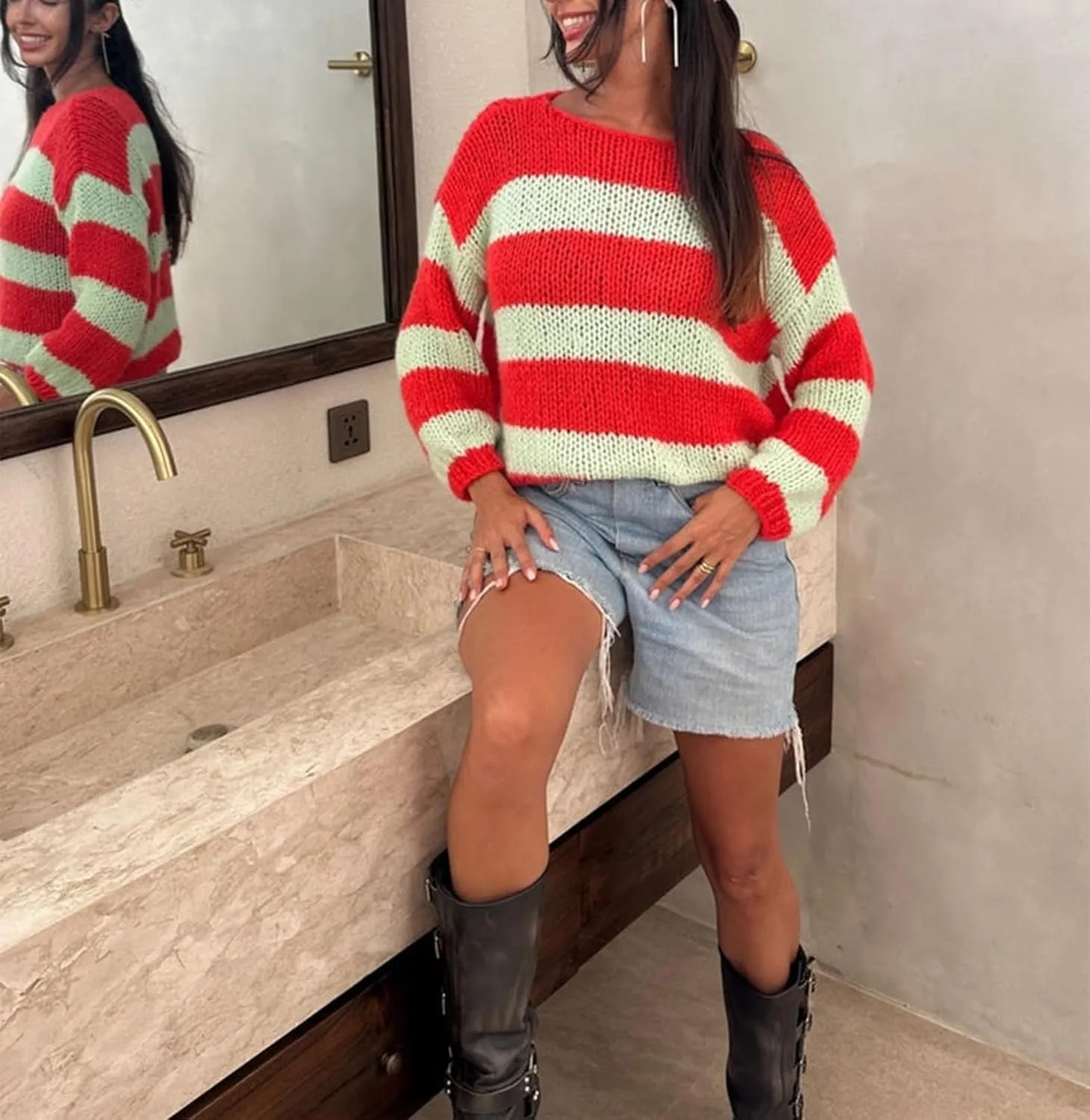 Women Striped Knit Sweaters 2024 Oversized Fall Winter Drop Shoulder Color Block Long Sleeve Loose Fit Pullover Tops