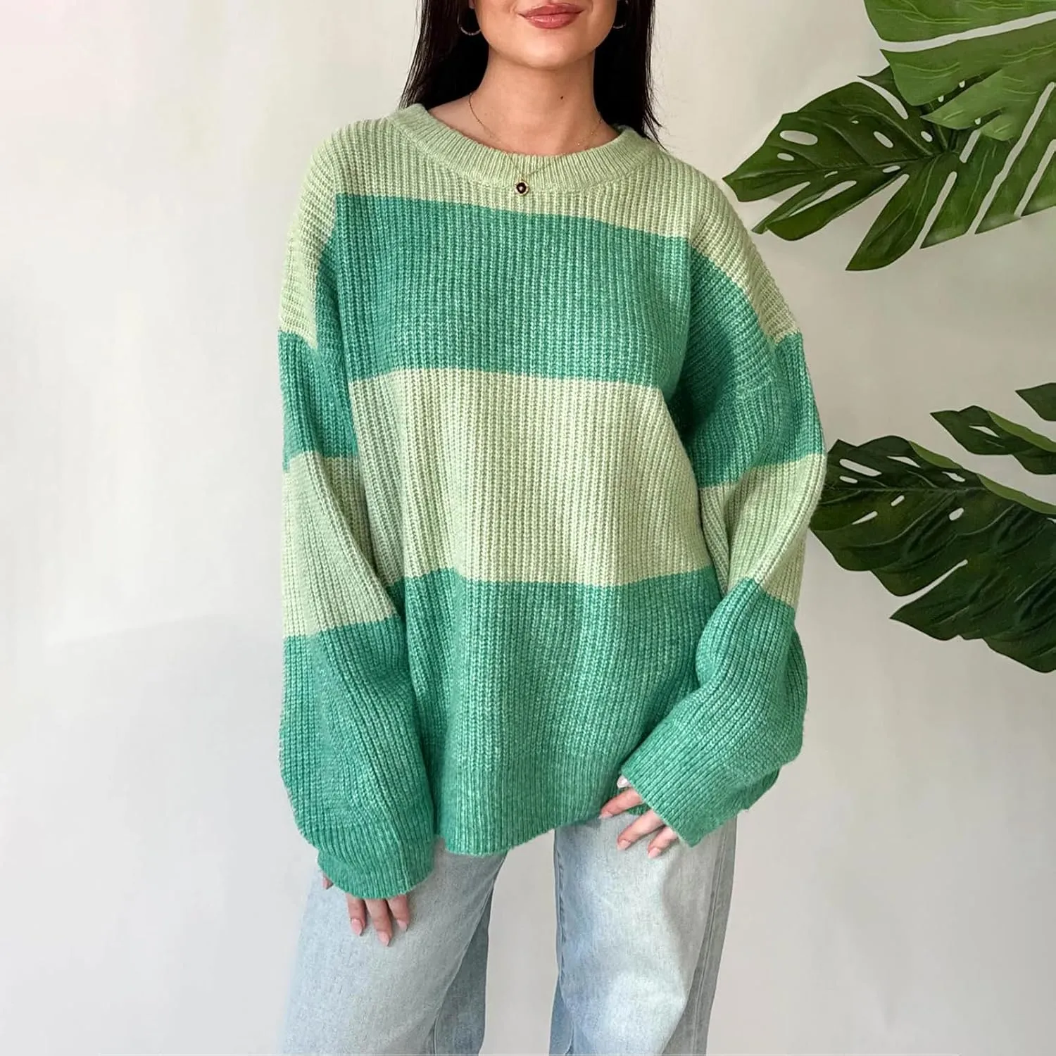 Women Striped Knit Sweaters 2024 Oversized Fall Winter Drop Shoulder Color Block Long Sleeve Loose Fit Pullover Tops